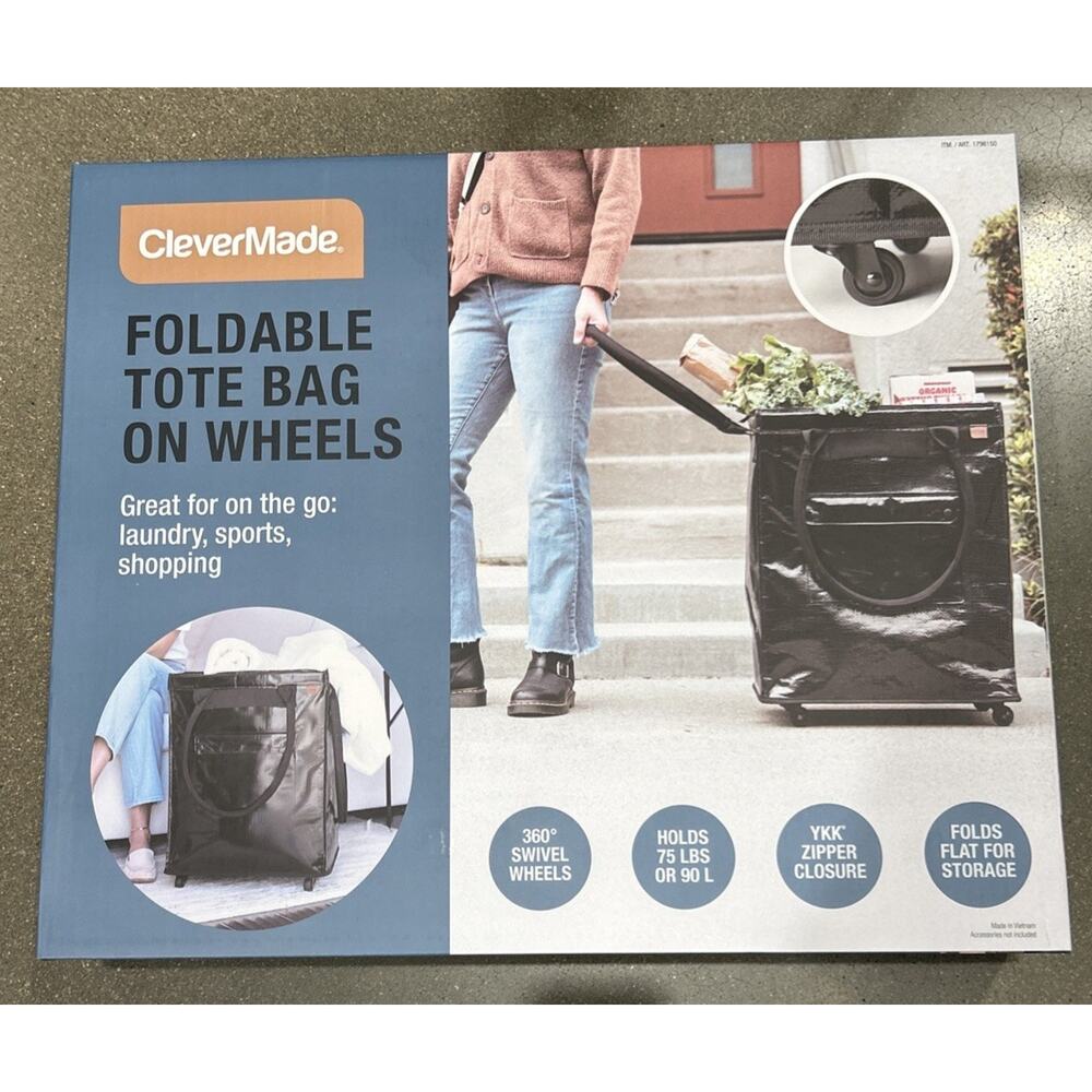 Viral CleverMade Foldable Tote Bag on Wheels, 14”Lx18”Wx24”H Soft Grip H 1796150
